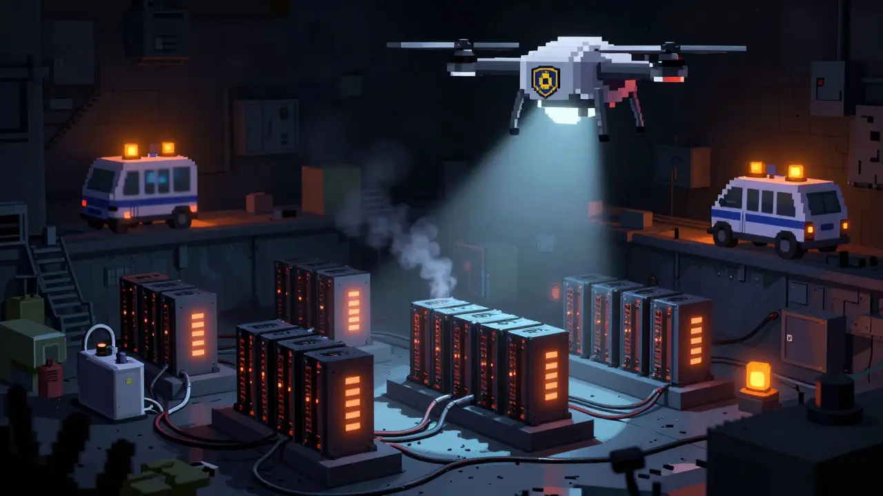 An underground mining setup in a basement, with a government drone hovering outside, spotlight scanning the neighborhood at night.