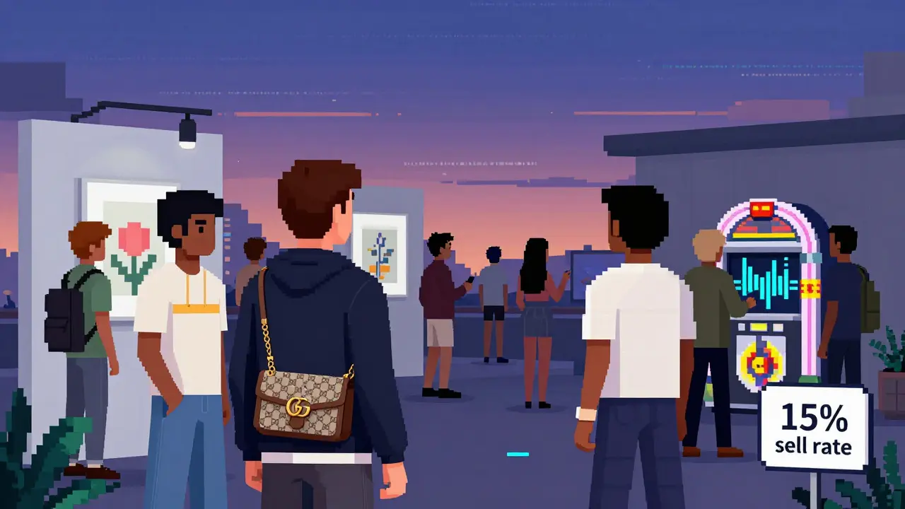 Avatars socializing in a pixelated metaverse gallery, displaying digital fashion and interactive objects under twilight sky.