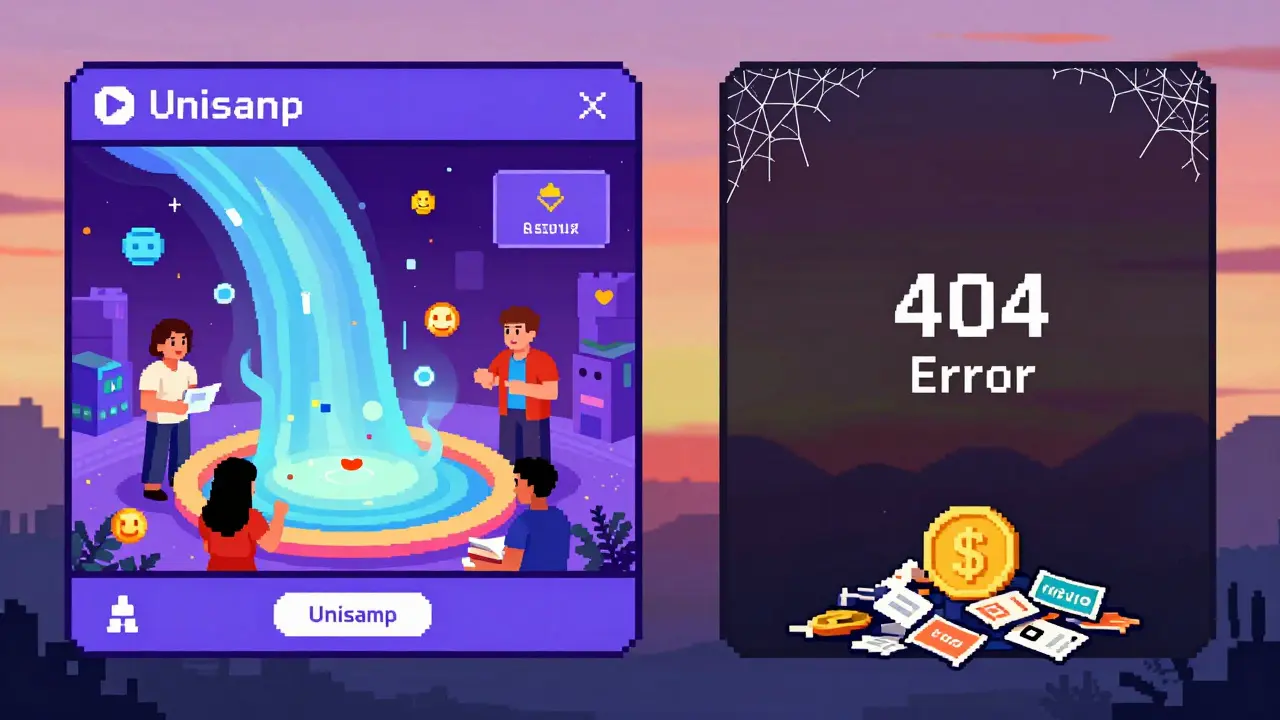 Contrast scene: vibrant Uniswap on left, empty Solidly interface on right with cobwebs and a buried $SOLID token.