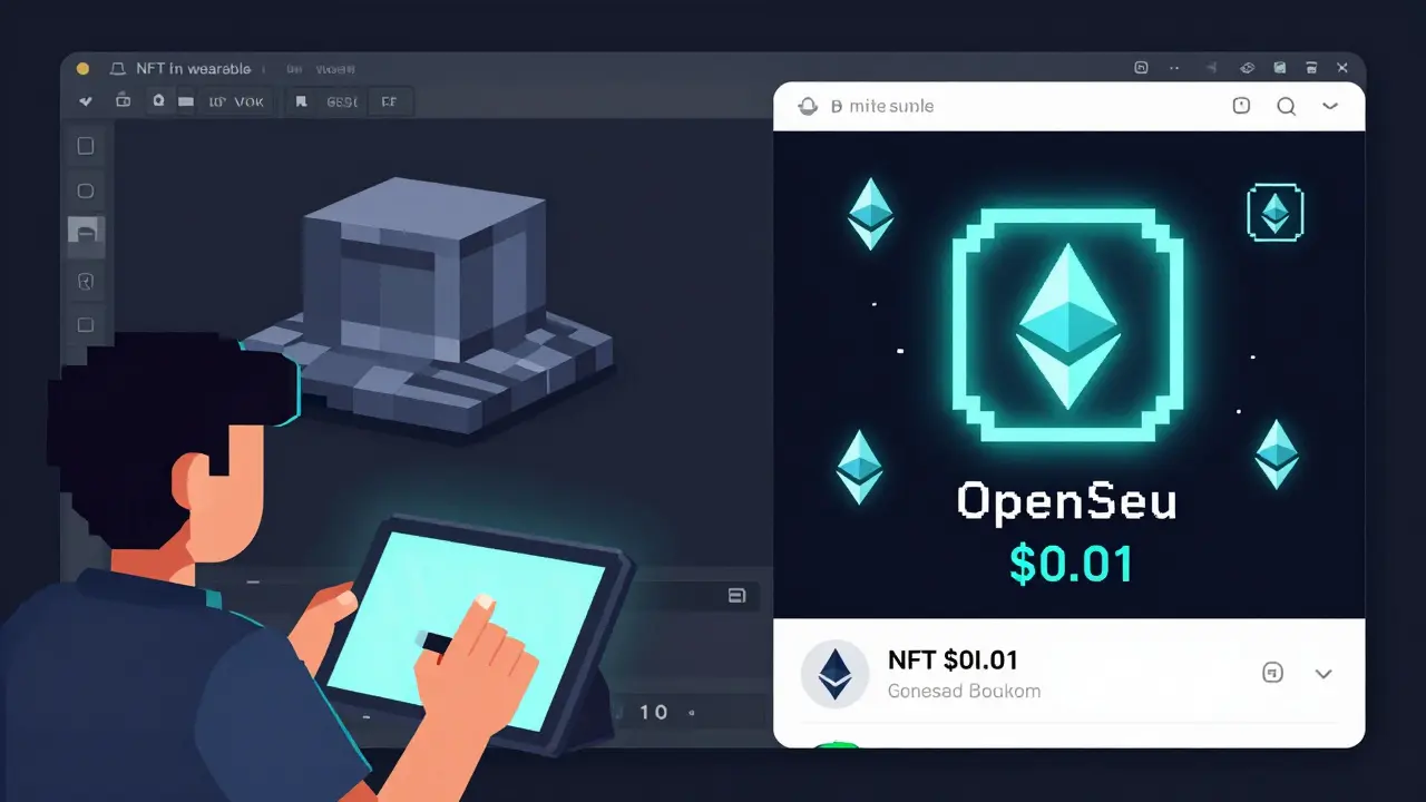 Creator assembling a voxel hat in VoxEdit, with NFT minting interface and low gas fee counter visible.