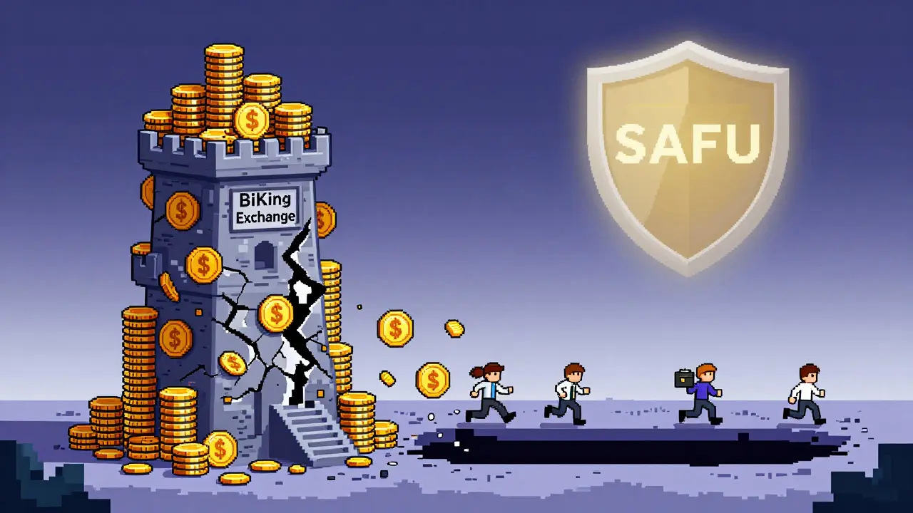 Crumbling BiKing tower with stolen coins falling, users escaping with hardware wallets.