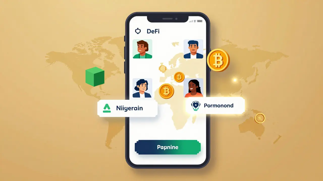 Decentralized finance transactions happening globally, with users in Nigeria and the Philippines receiving crypto payments.
