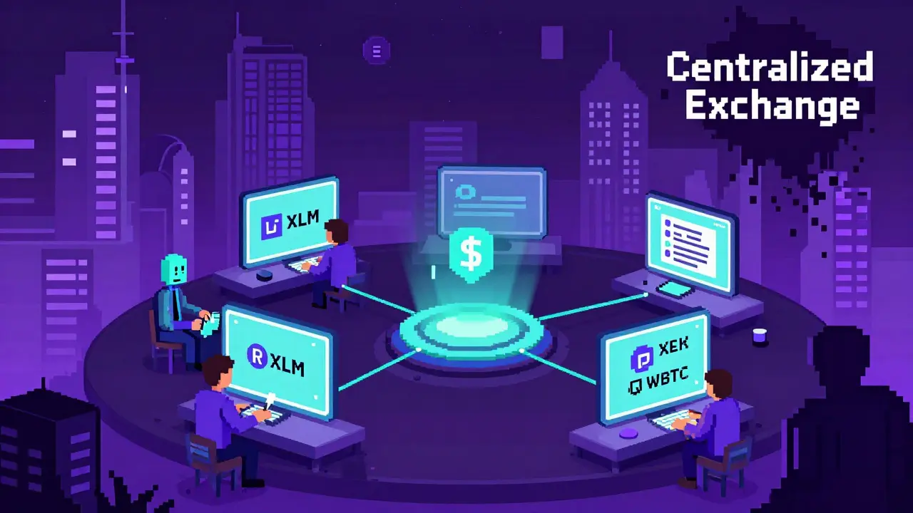 Decentralized trading scene with users swapping assets while centralized exchange fades away.