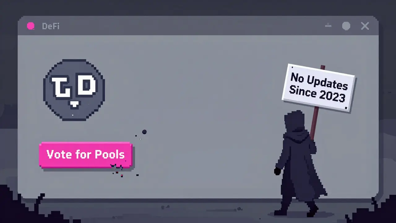 Deserted DeFi dashboard with broken voting button and a figure walking away from a 'No Updates Since 2023' sign.