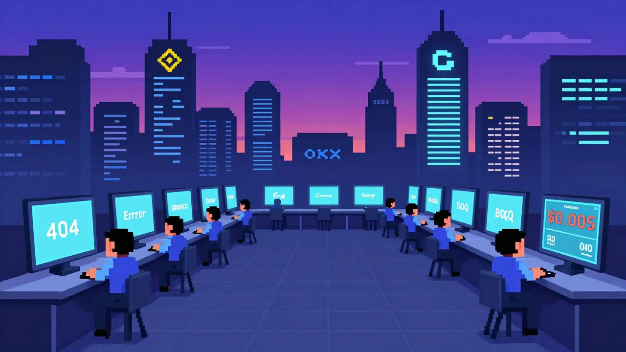 Empty trading floor with fading Bitsdaq screens while rival exchanges glow brightly in pixel art.