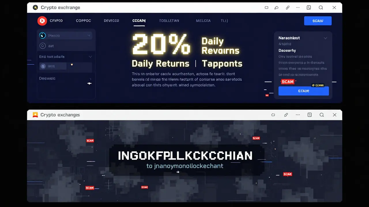 Fake crypto exchange dashboard dissolving into smoke, revealing hidden fund transfers to a blockchain wallet.