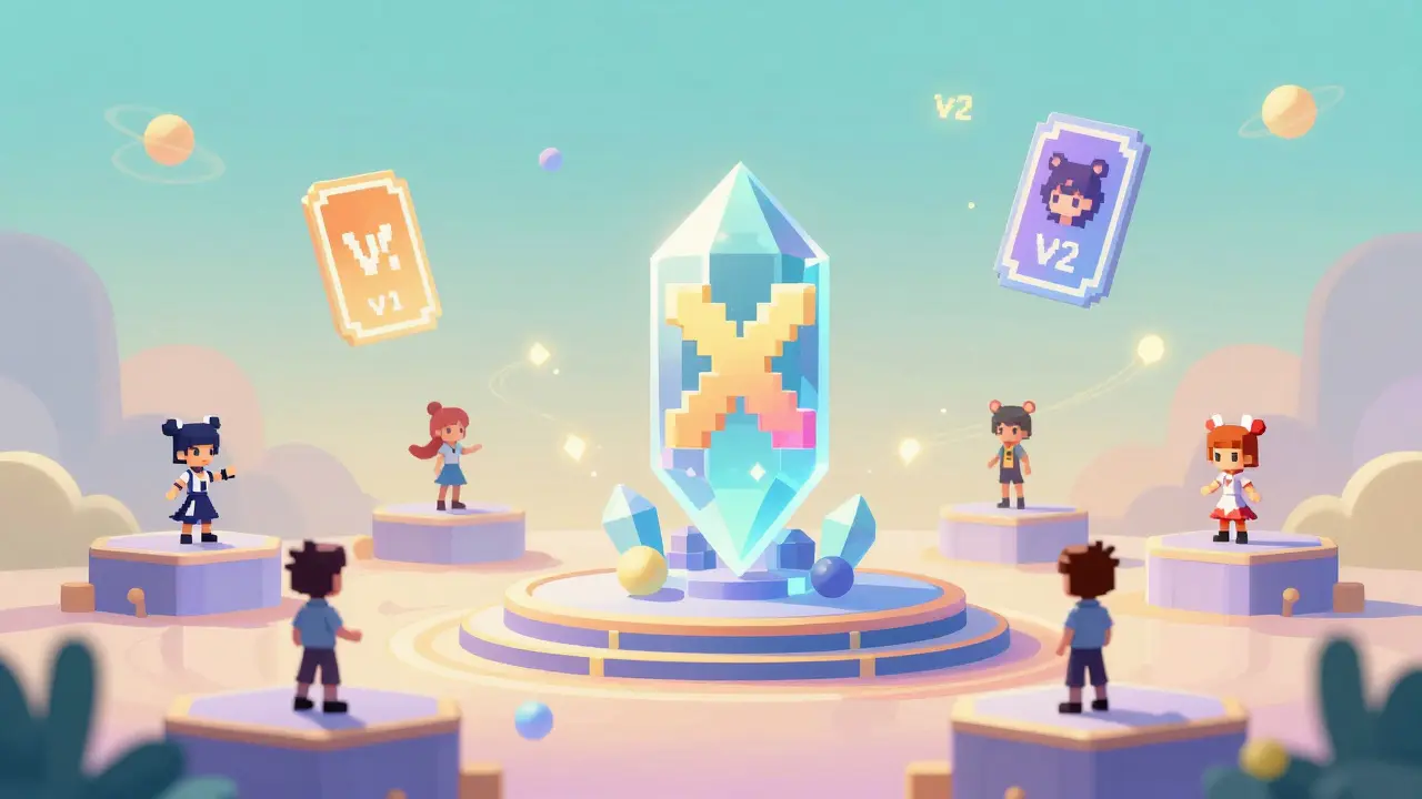 Futuristic metaverse arena with Dream Idols and evolving Dream Card NFTs orbiting a central governance crystal.