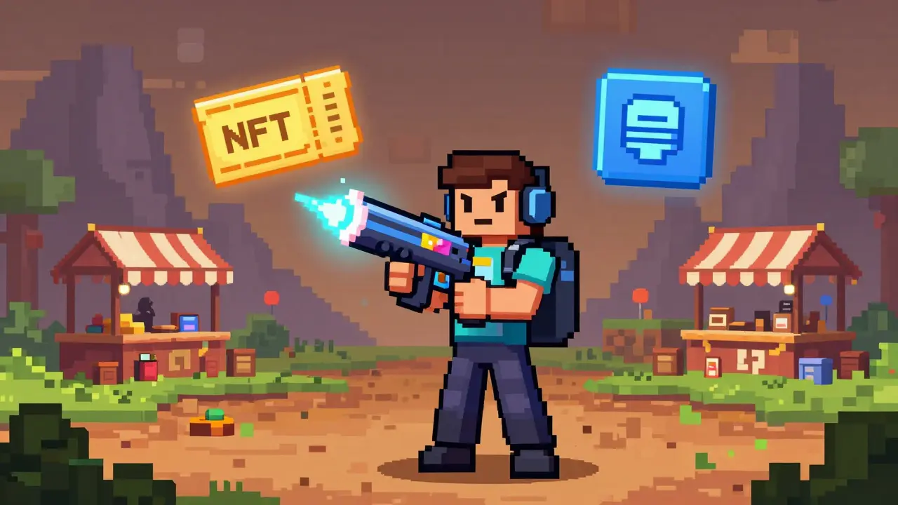 Gamer holding a glowing NFT weapon that transforms into a concert ticket and software license in a pixelated world.