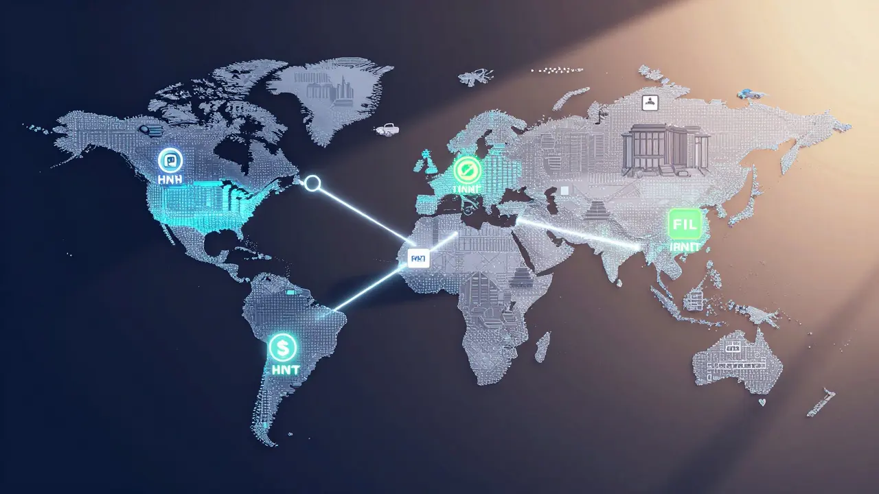 Global map of decentralized infrastructure nodes connected by glowing pathways with crypto tokens.