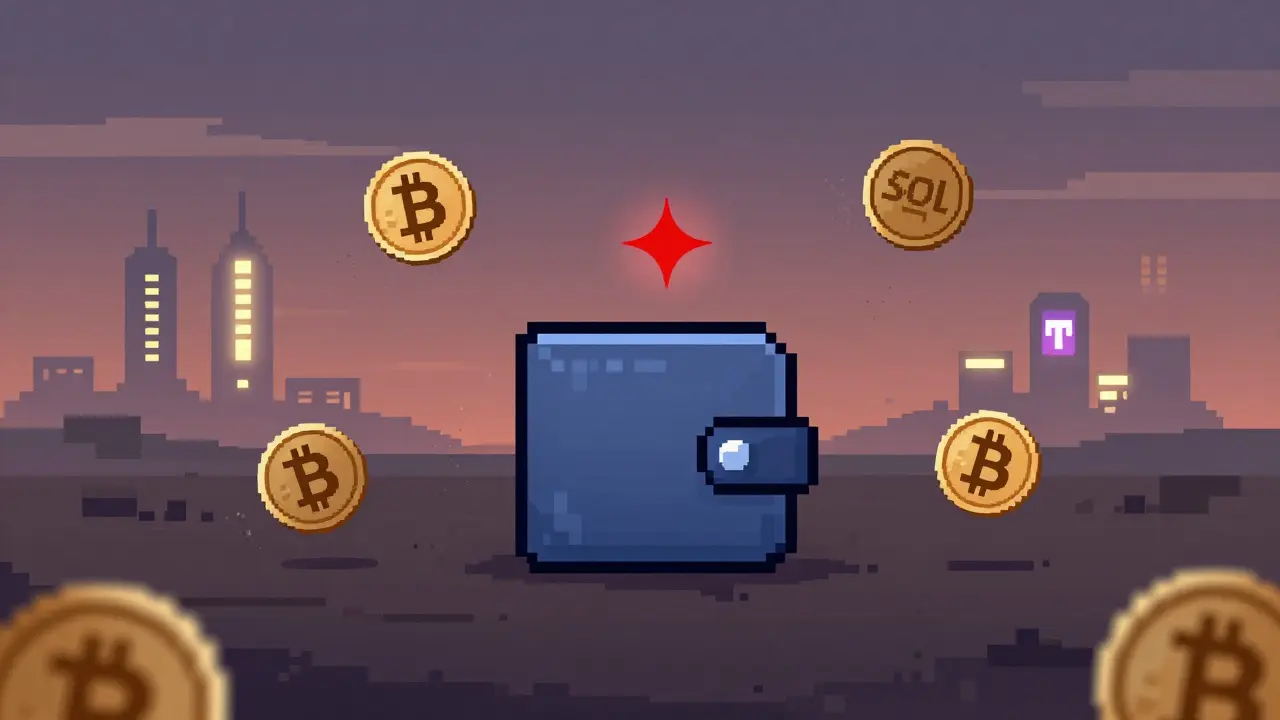 Lonely wallet among abandoned coins with top exchanges glowing in distance.