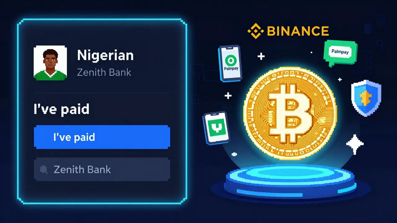 P2P crypto trade on Binance with escrow unlocking, pixel art