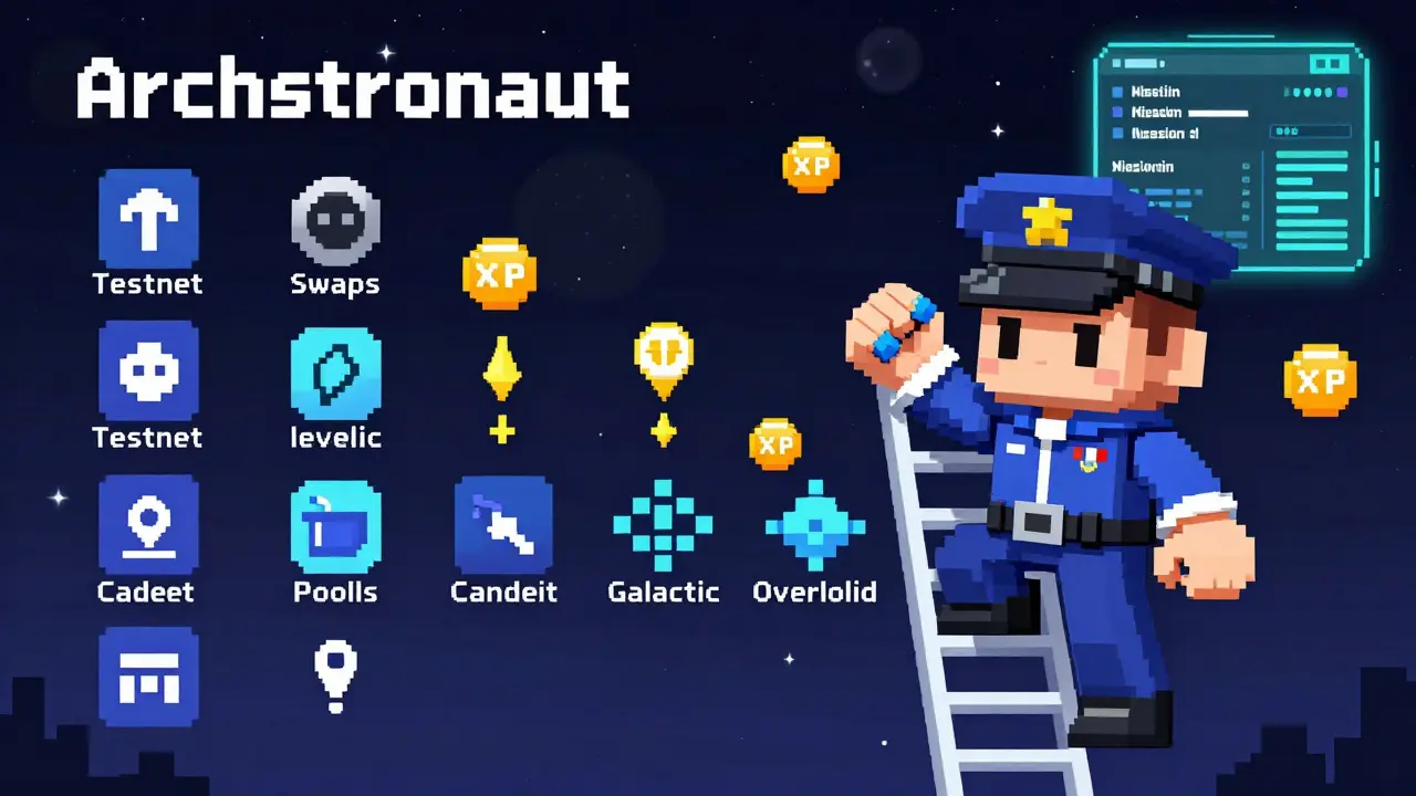 Pixel art character climbing rank ladder from Cadet to Galactic Overlord with XP orbs.