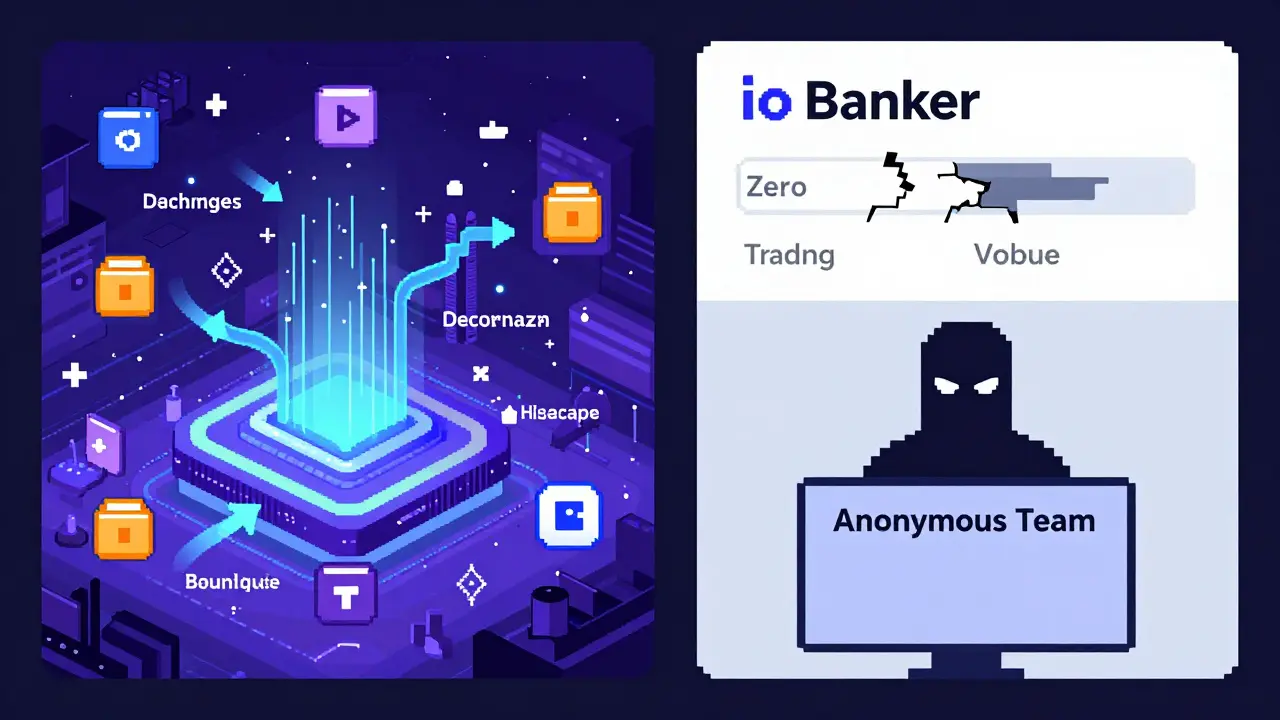 Pixel art comparing a lively DeFi exchange to a broken, glitching ioBanker interface with an anonymous figure.