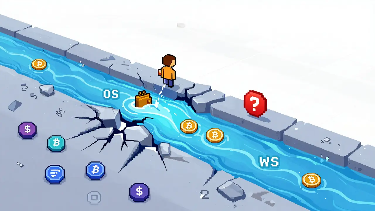 Pixel art of a broken liquidity pool with only two tokens flowing, others frozen and cracked on the side.