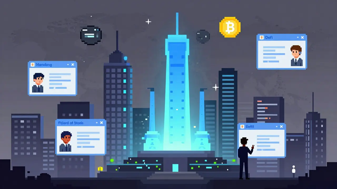 Pixel art of a city skyline built from blockchain nodes with users engaging in DeFi.