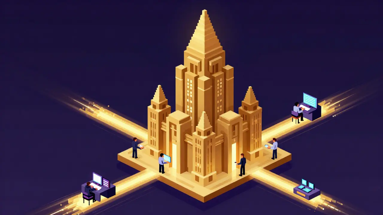 Pixel art of a code-based EVM cathedral with developers interacting at its base.