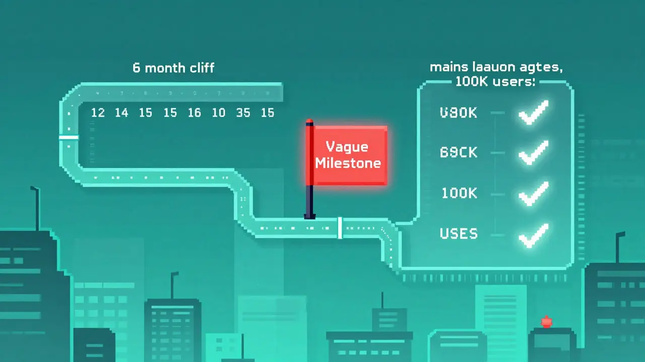 Pixel art of a dual-path vesting roadmap with time-based and milestone-based unlocks, one path flagged as risky.