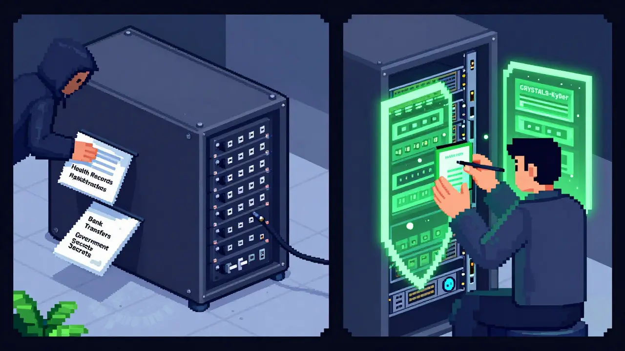 Pixel art of a hacker storing encrypted data while a technician installs quantum-resistant security modules.