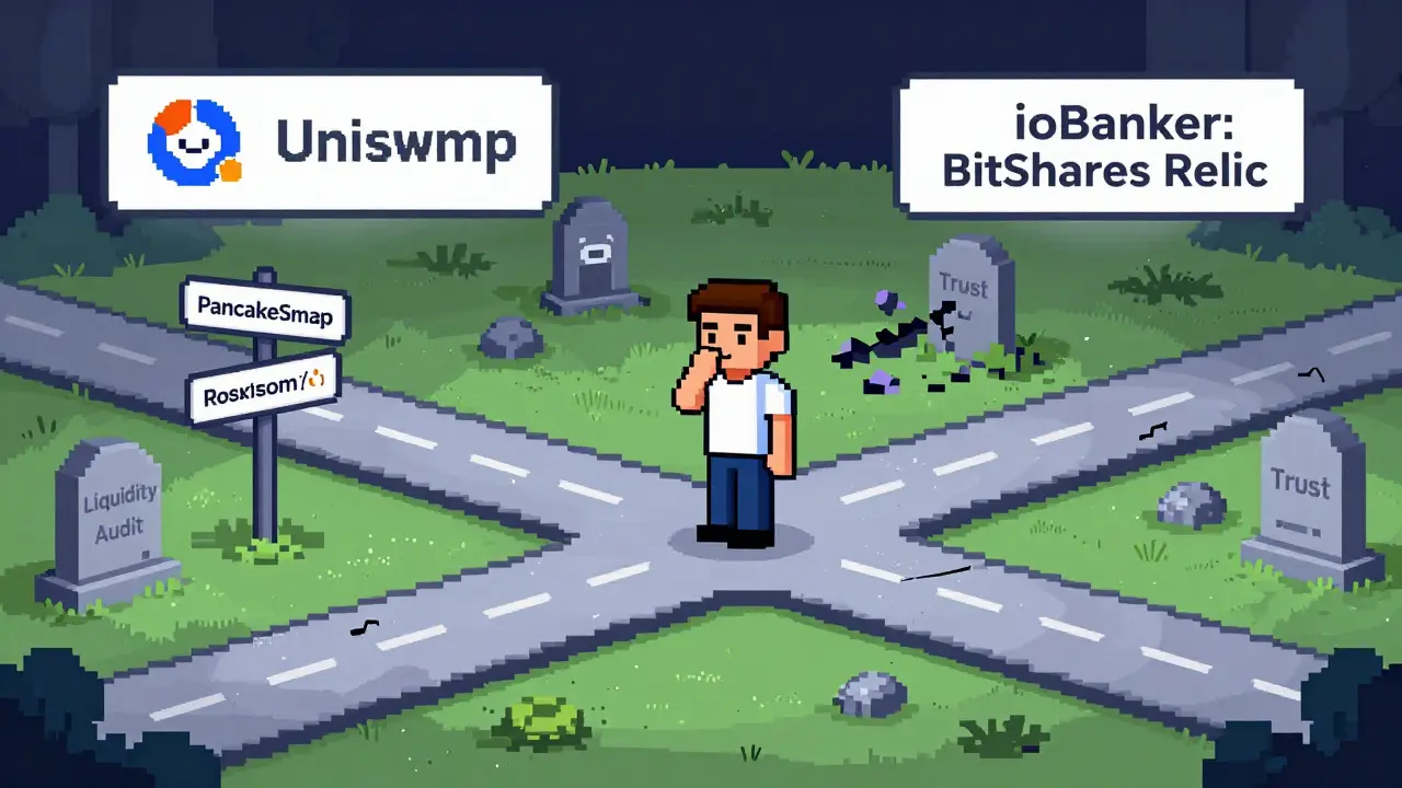 Pixel art of a trader choosing between well-lit trusted crypto platforms and a crumbling graveyard labeled ioBanker.