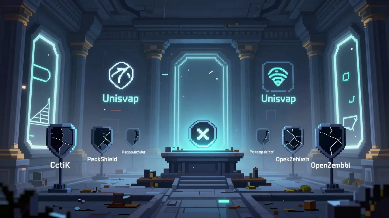 Pixel art of an abandoned DeFi temple with a fading SWPX token and broken audit shields surrounding it.