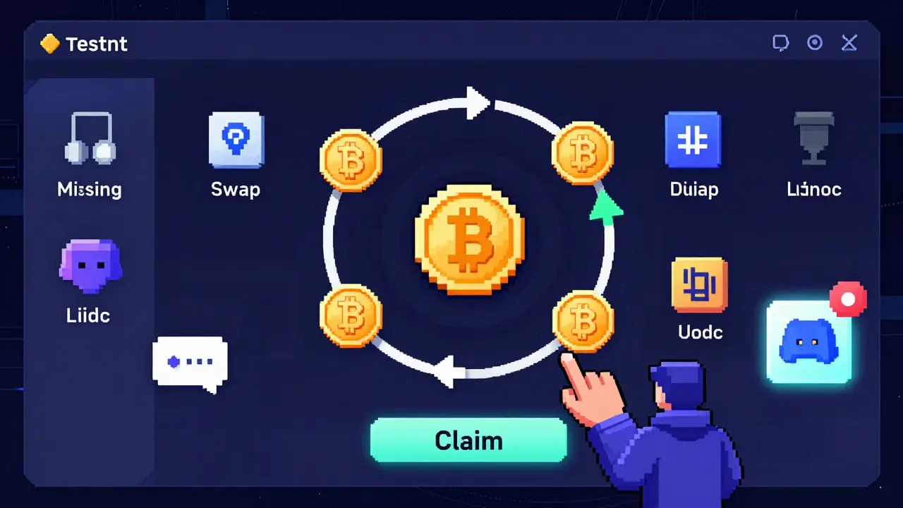 Pixel art testnet dashboard with TBTC and USDC tokens swirling around mission icons.