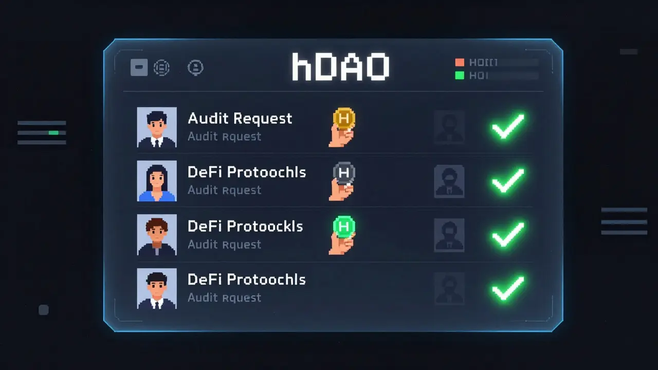 Pixel dashboard showing hDAO token holders voting on cybersecurity audits for DeFi projects.