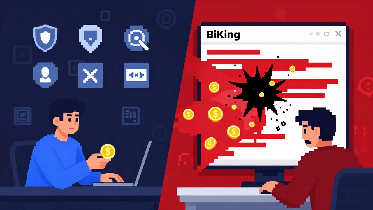 Split pixel scene: safe exchange vs BiKing account exploding with vanishing coins.