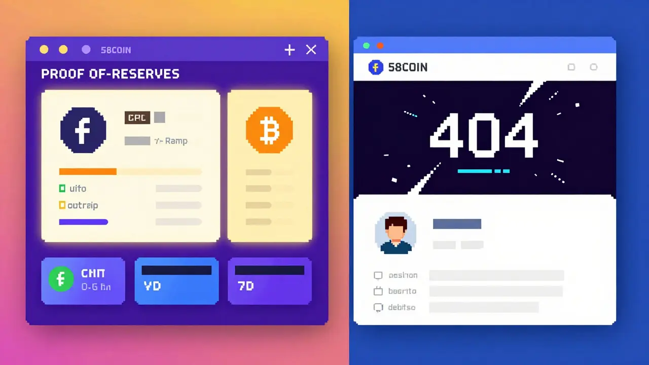 Split-screen: modern exchange vs. broken 58COIN site in pixel art style.