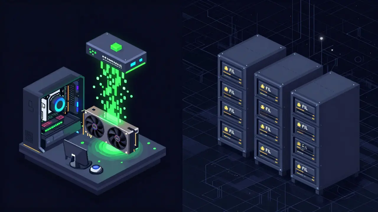Split-screen pixel art of a GPU rendering jobs and cloud storage drives with token icons.