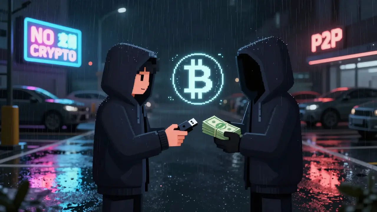 Two people exchanging cash for a USB drive in a rainy parking lot, with a faint Bitcoin hologram between them.