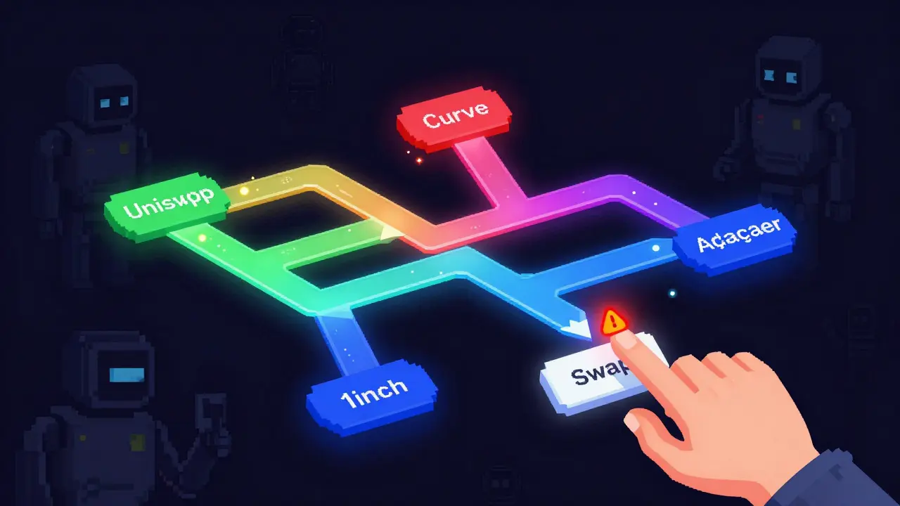 Wallet connected to multiple DEX paths with transaction sparks and a warning symbol near the swap button.