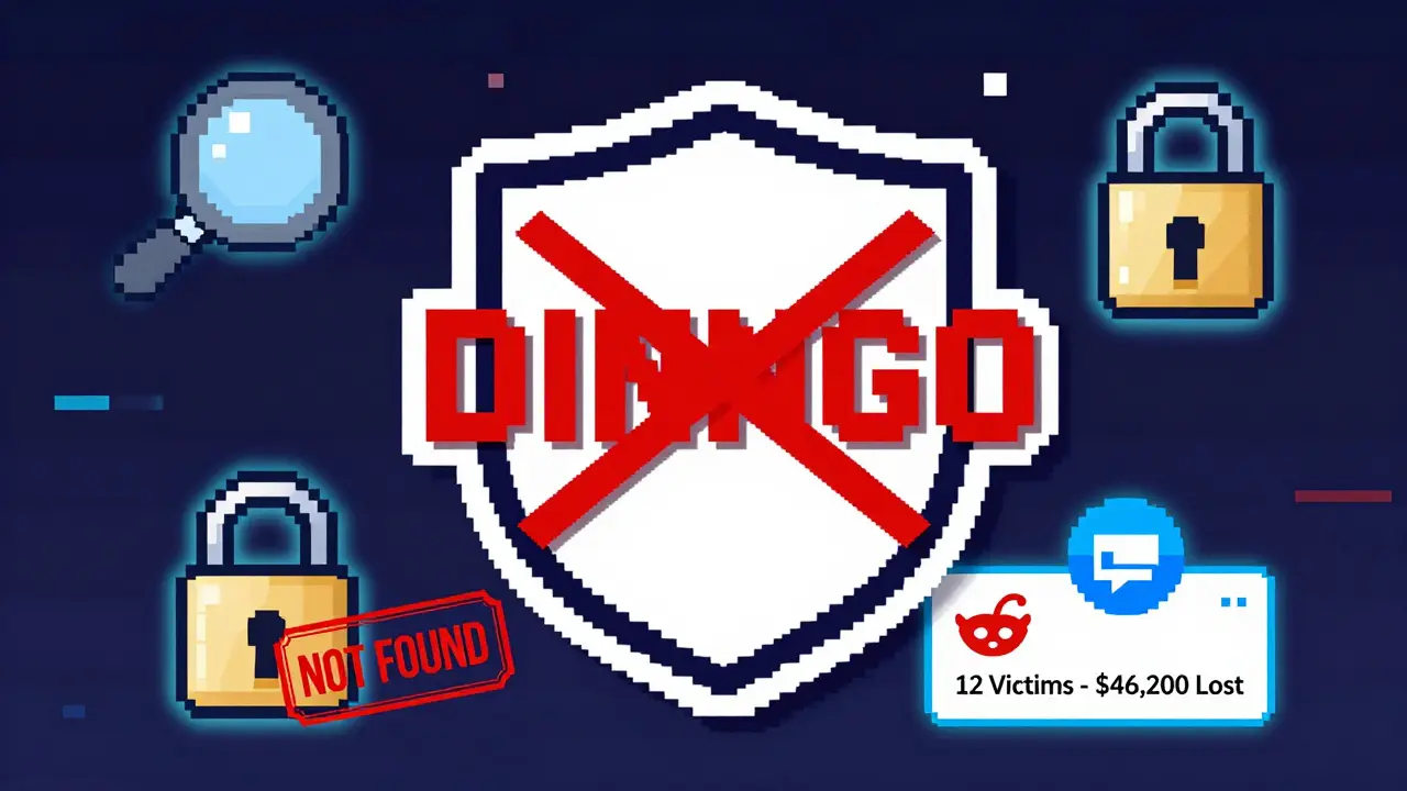 Warning shield with 'DINNGO' crossed out, surrounded by verification icons and scam evidence in pixel art style.