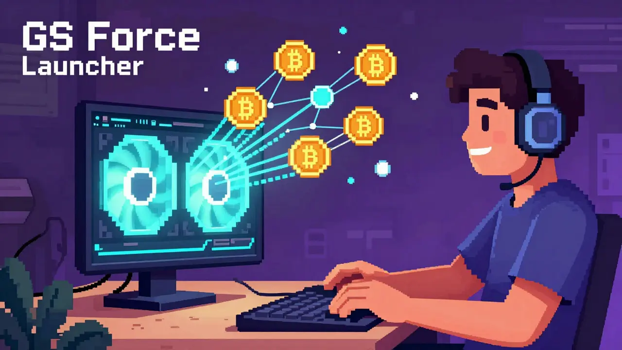 A PC's GPU emits pixelated crypto tokens as the player relaxes, part of GameSwift's GS Force Launcher feature.