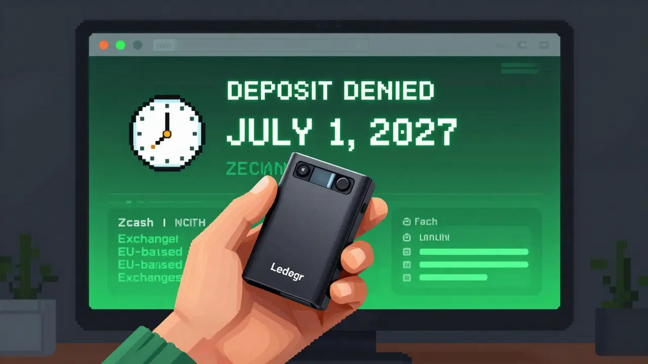 A person holding a hardware wallet as a Zcash deposit is denied on a EU exchange screen.