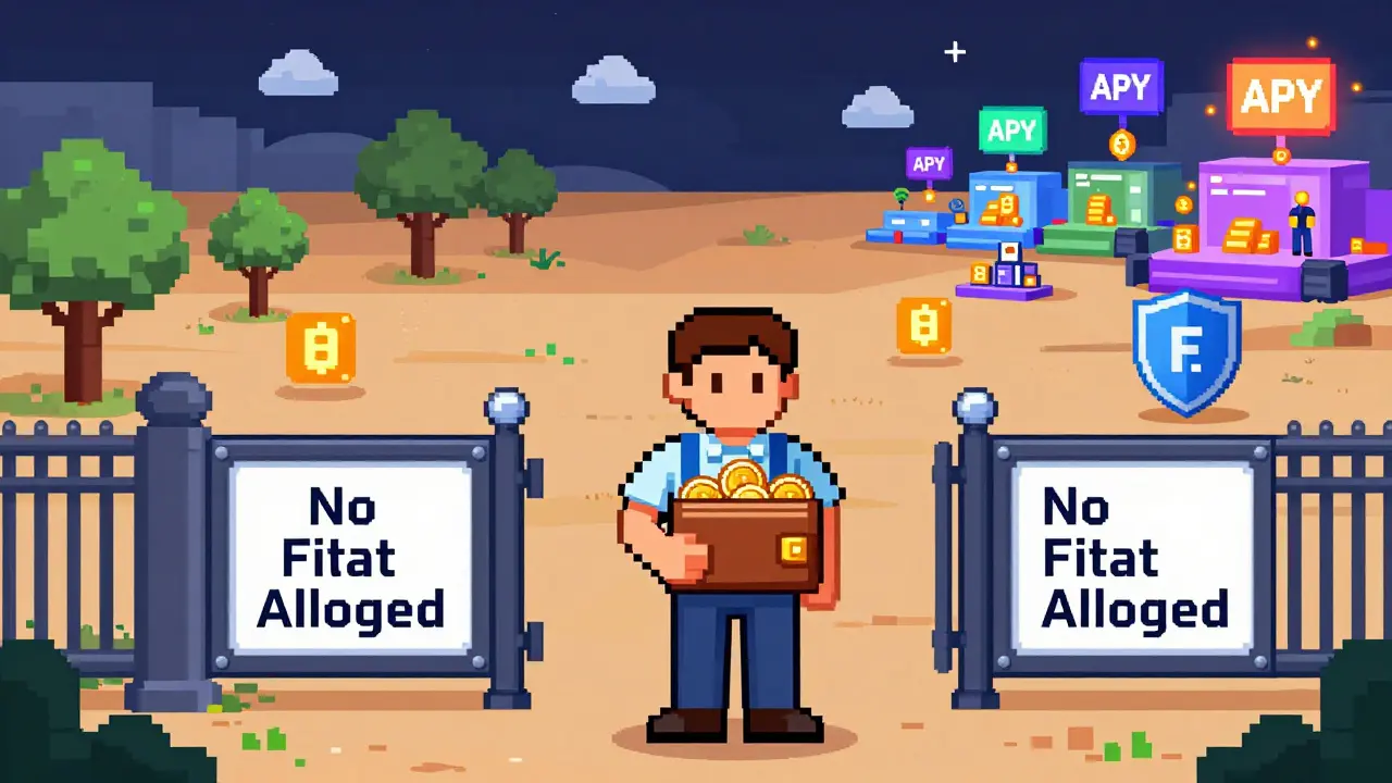 A trader blocked from entering FEX exchange by a 'No Fiat' gate, while other exchanges glow with earning and deposit options in the distance.