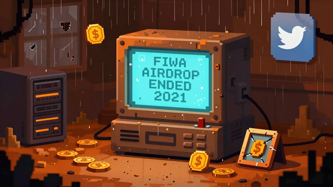 Abandoned blockchain terminal showing 'FIWA AIRDROP ENDED 2021' with faded social icons.