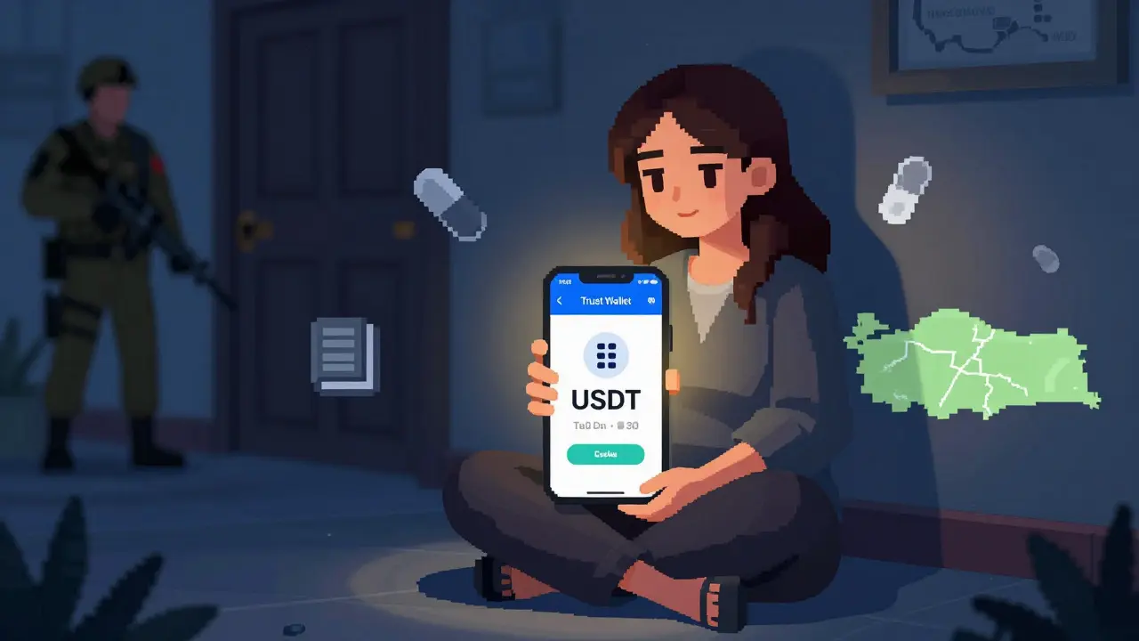 Afghan woman using smartphone to view USDT wallet, icons of medicine and education nearby, patrol blurred in doorway.