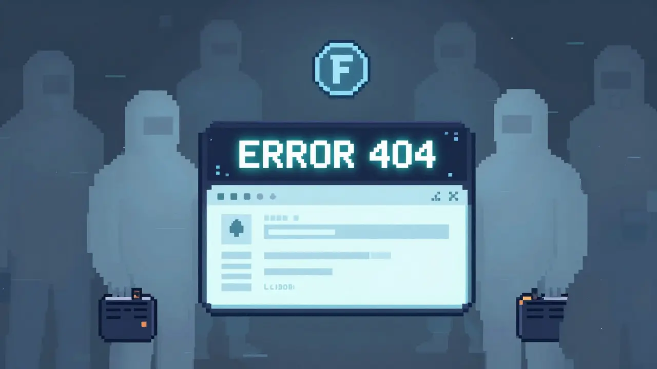 An empty airdrop portal with a 404 error and ghostly figures holding wallets.