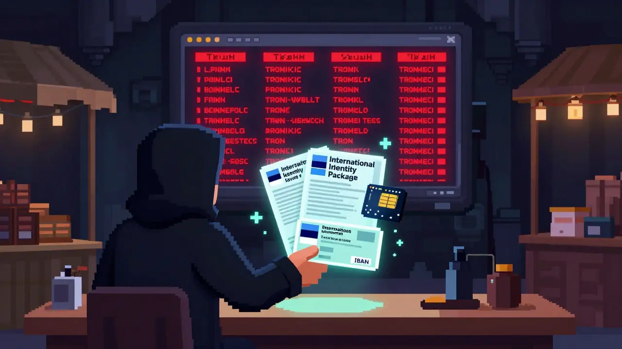 An underground market in Tehran offering fake international identity documents for crypto trading, glowing in pixelated holograms.