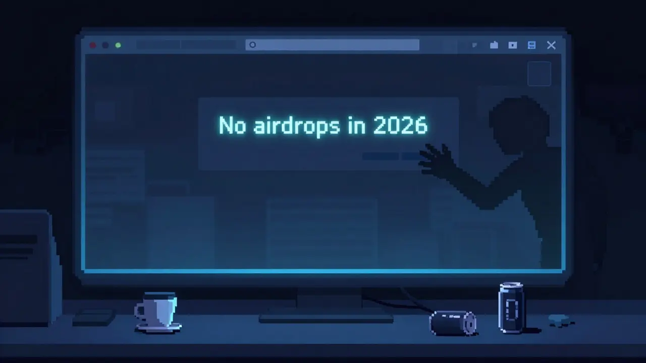 Empty Discord server with a warning message about no 2026 airdrop under cold monitor glow.