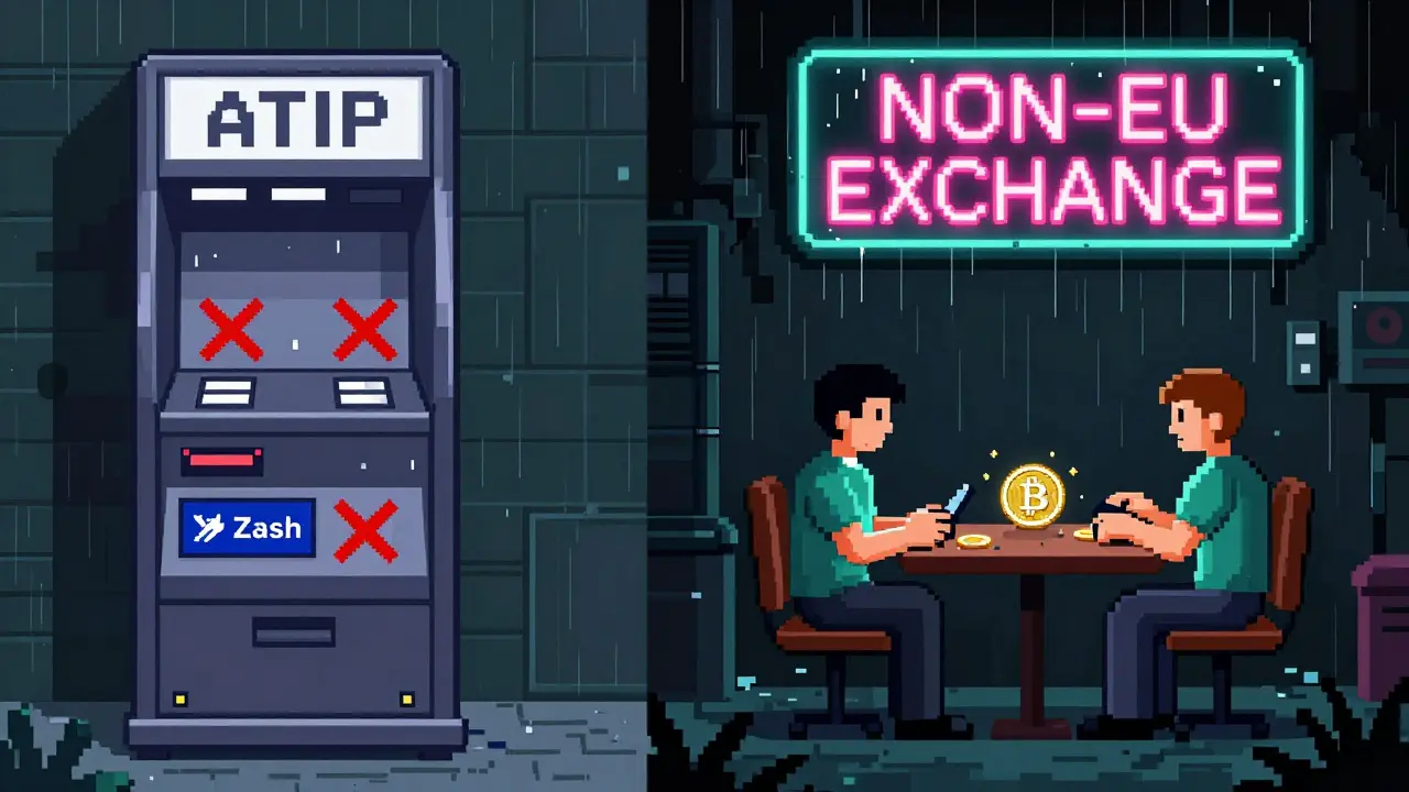 EU crypto ATMs blocked on one side, anonymous P2P trades happening in a dark alley on the other.