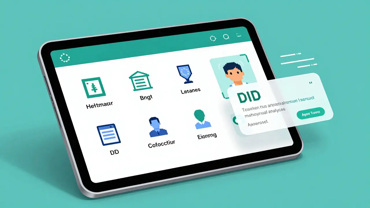 Futuristic EU Digital Identity Wallet interface showing secure access to healthcare, banking, and voting services.