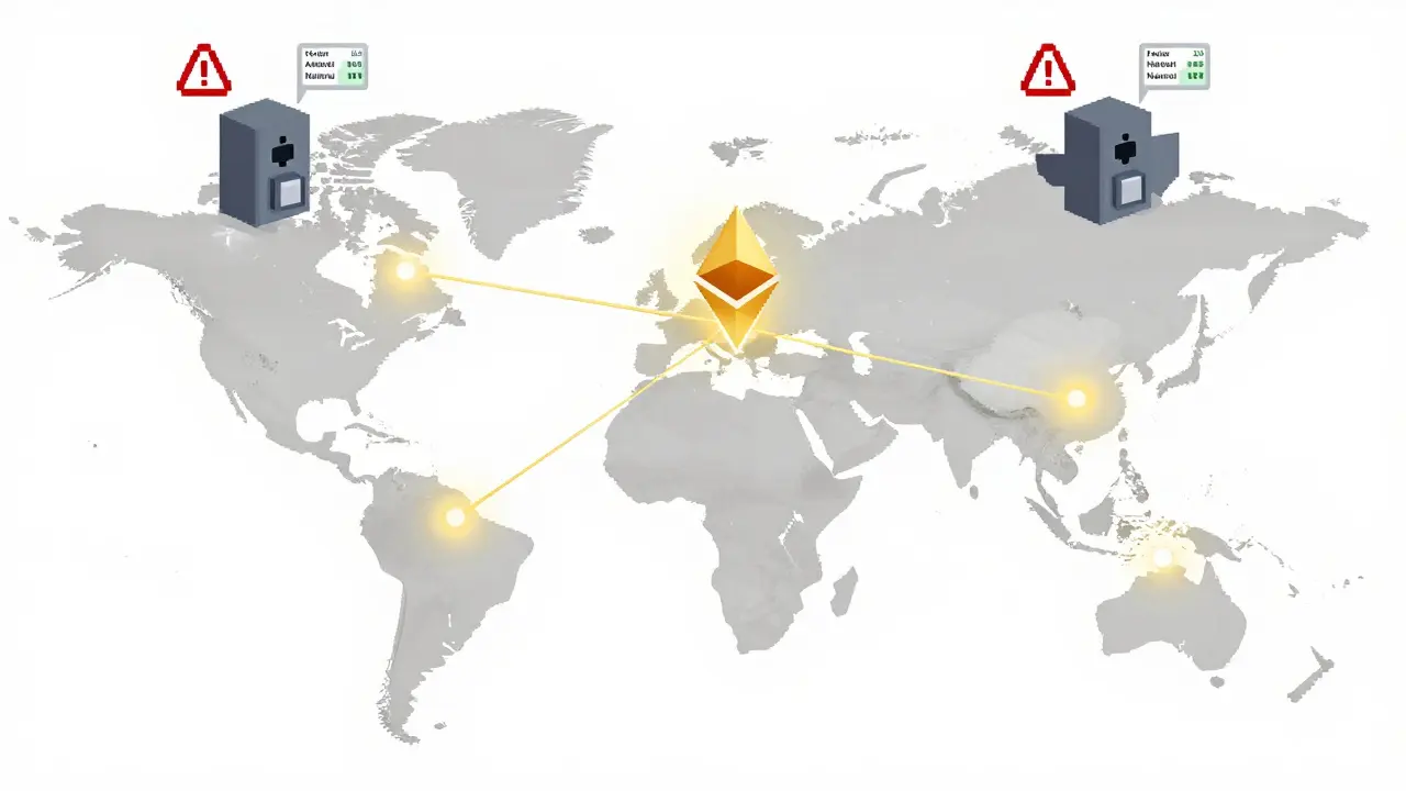 Glowing global staking nodes connect users across cities, while mining rigs fade into shadow with warning signs.