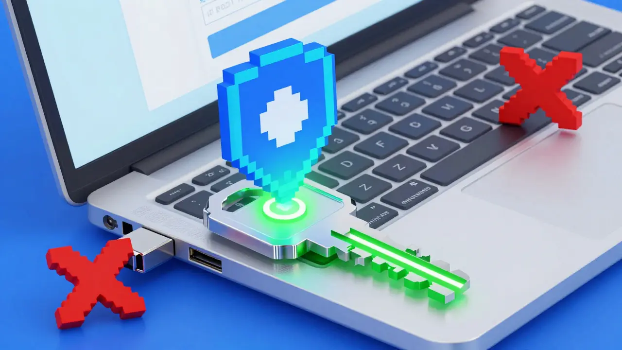 Hardware key blocking phishing attempt on laptop with shield.