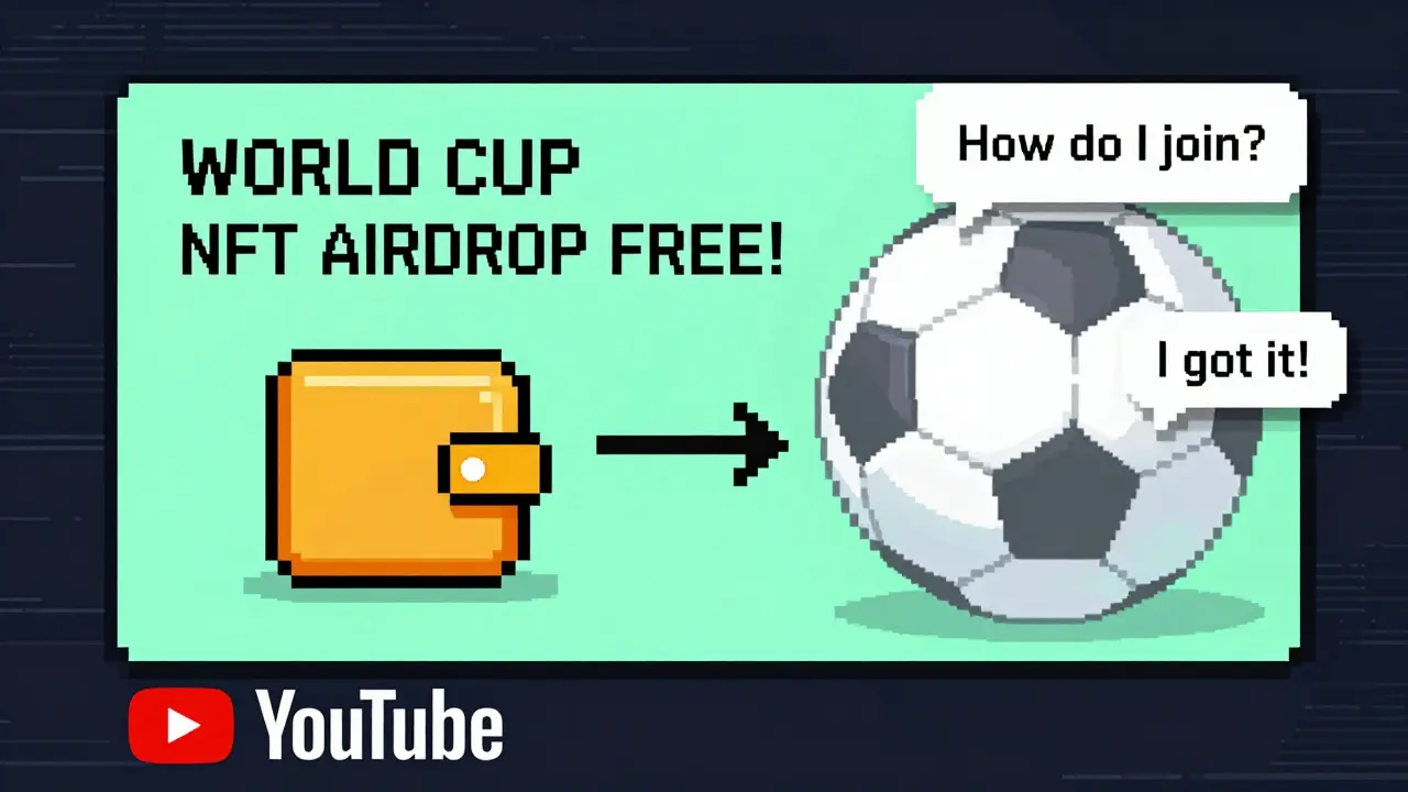 Misleading YouTube video thumbnail with fake World Cup NFT claim and pixelated comments.