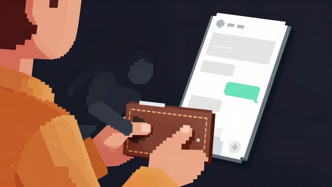 Person receiving fake crypto profits message while shadowy figure steals wallet