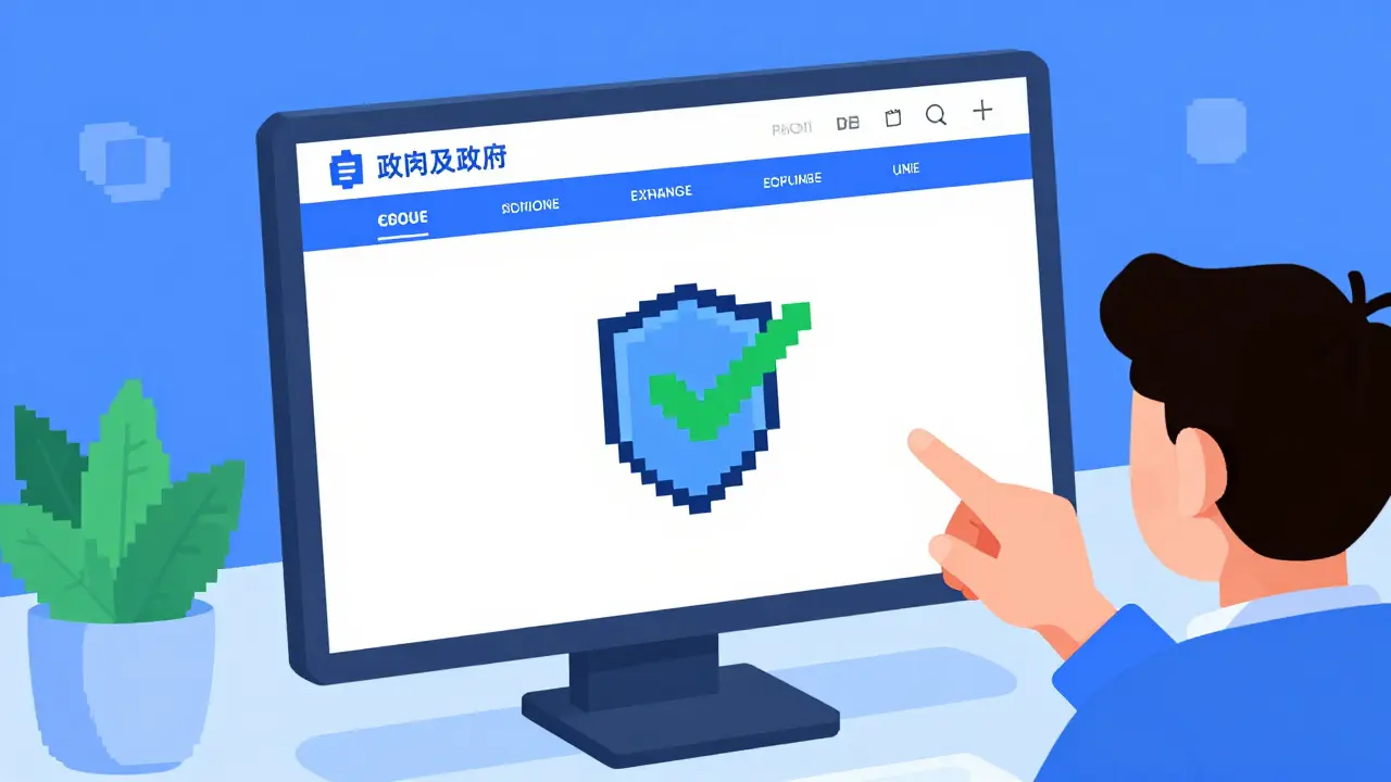 Person verifying exchange legitimacy with green checkmark on government site
