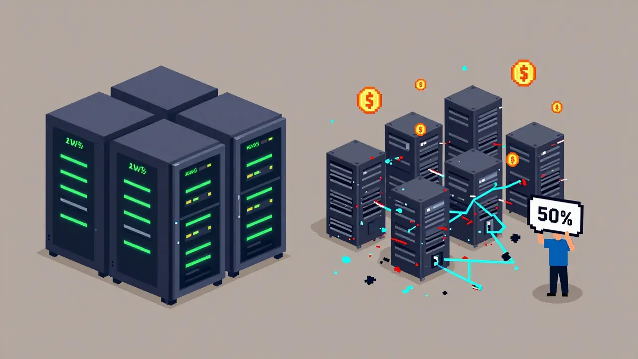 Pixel art comparing stable AWS data center with unstable Nuco.cloud mesh network.