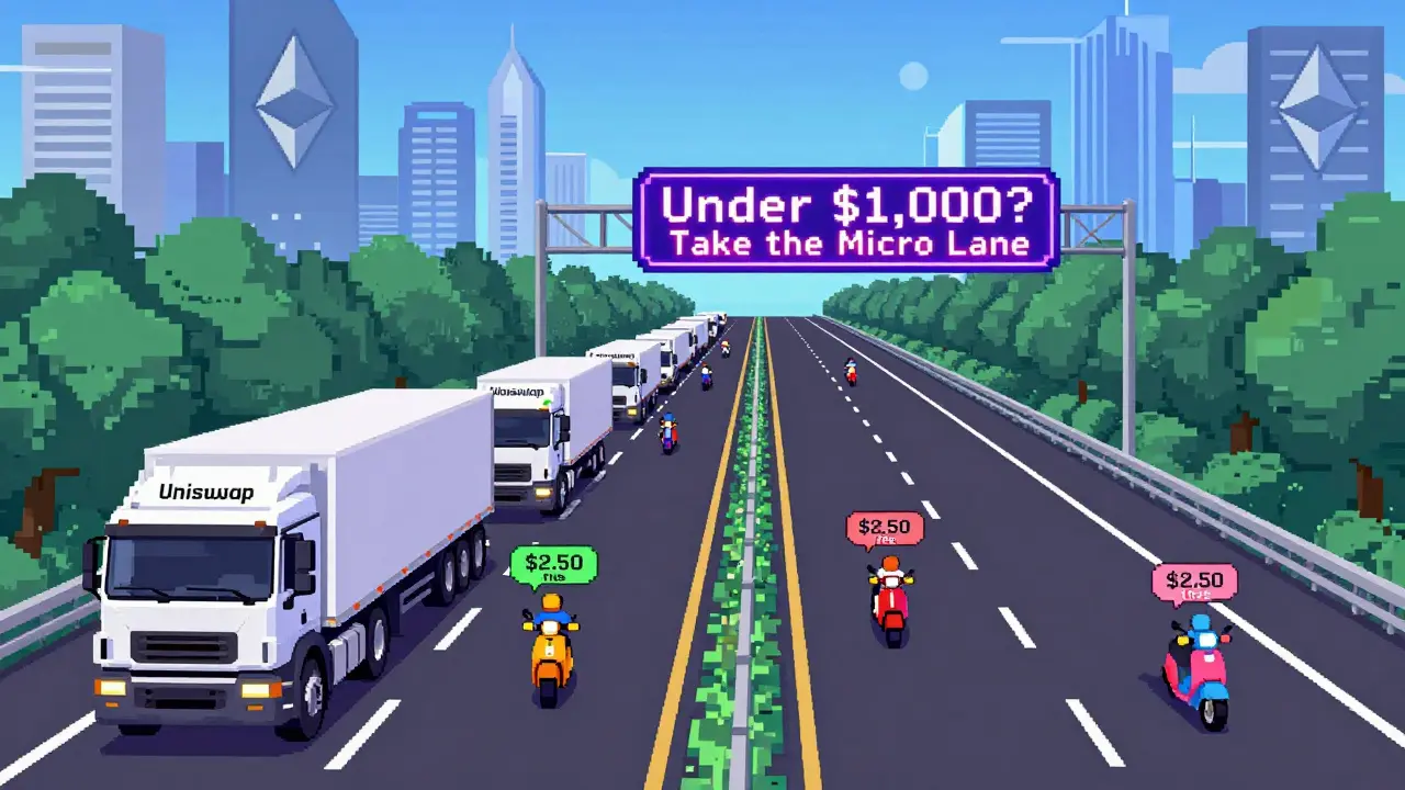 Pixel art highway with trucks paying high fees vs. scooters with low fees, labeled 'Nowswap' for small crypto trades.
