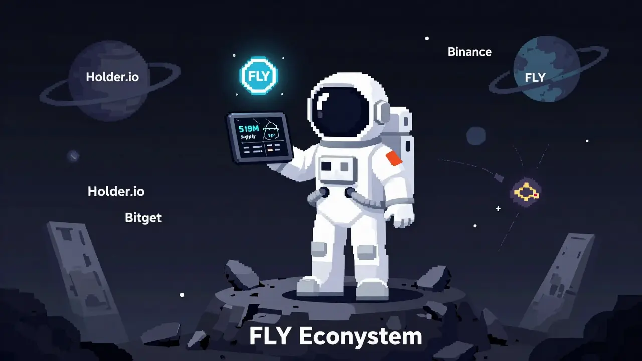 Pixel art of an astronaut on an asteroid with conflicting FLY token data.